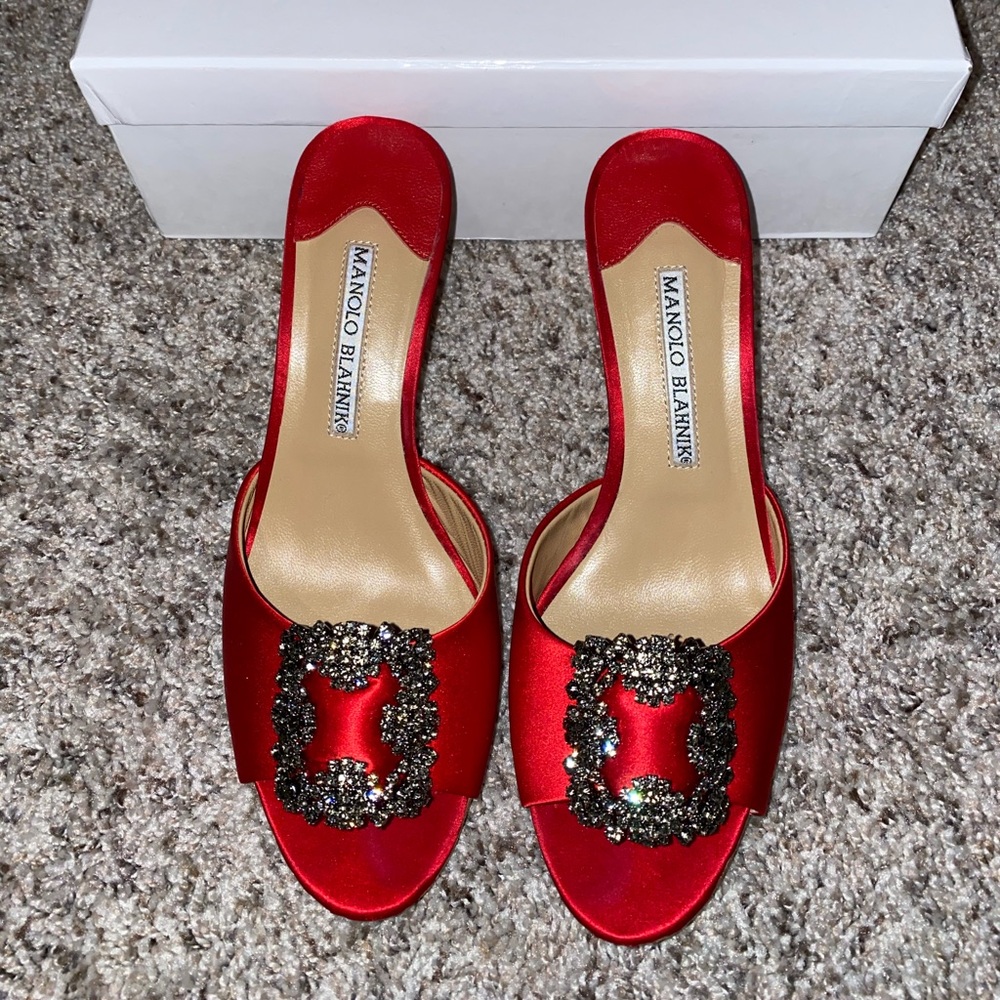 Manolo Blahnik Red Satin Jewel Pumps